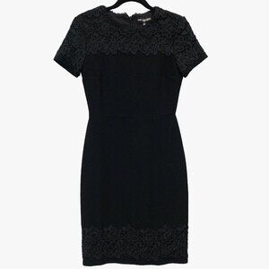 Karl Lagerfeld Women's Lace Applique Overlay Sheath Dress Size 4 Black LBD EUC